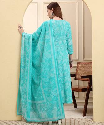 blue pure cotton floral thread work anarkali kurta trouser dupatta set 3