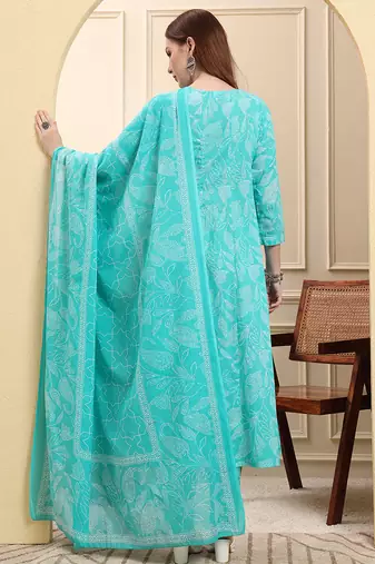 blue pure cotton floral thread work anarkali kurta trouser dupatta set