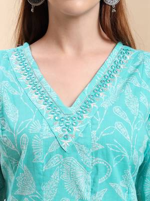 blue pure cotton floral thread work anarkali kurta trouser dupatta set 4