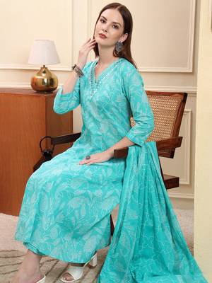 blue pure cotton floral thread work anarkali kurta trouser dupatta set 5