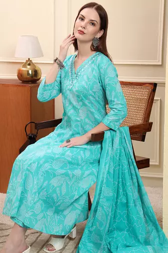 blue pure cotton floral thread work anarkali kurta trouser dupatta set