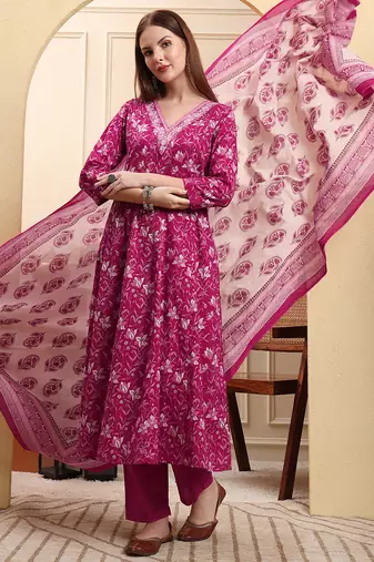Yufta pink pure cotton thread work anarkali kurta trouser dupatta set