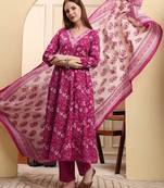 pink pure cotton thread work anarkali kurta trouser dupatta set