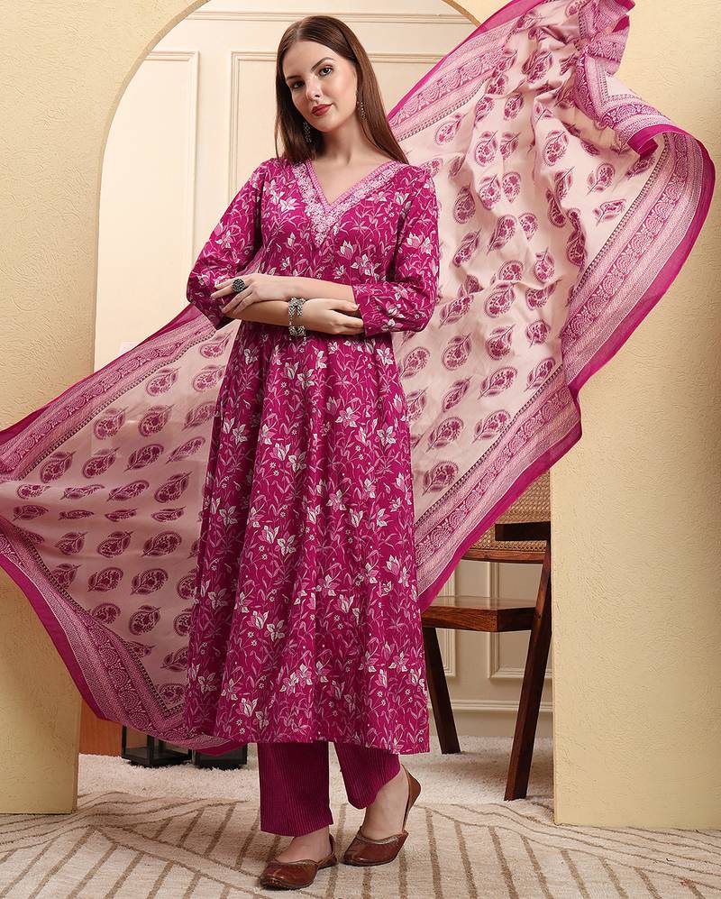 Yufta pink pure cotton thread work anarkali kurta trouser dupatta set