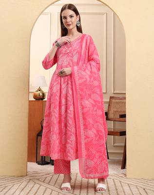 pink pure cotton floral thread work anarkali kurta trouser dupatta set 1