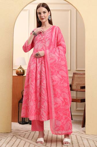 Yufta pink pure cotton floral thread work anarkali kurta trouser dupatta set