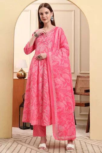 Yufta pink pure cotton floral thread work anarkali kurta trouser dupatta set