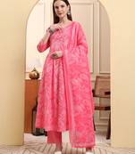 pink pure cotton floral thread work anarkali kurta trouser dupatta set