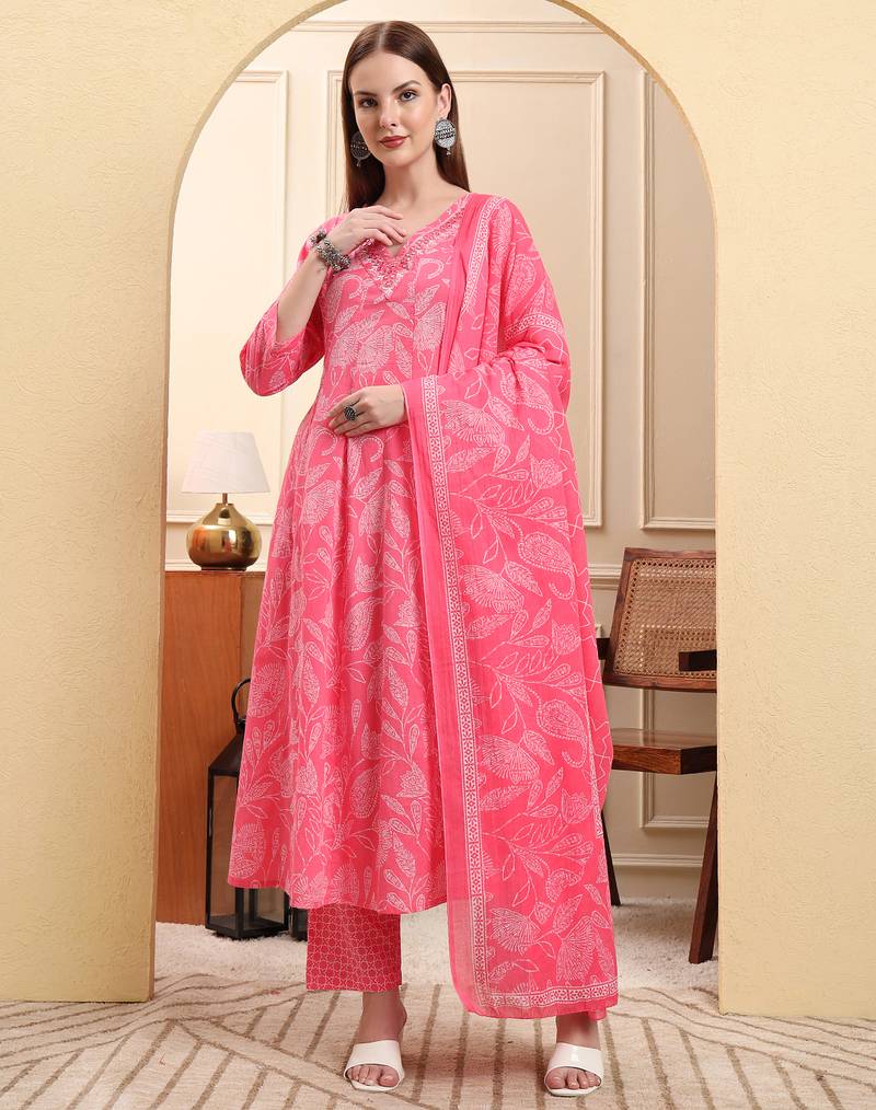 Yufta pink pure cotton floral thread work anarkali kurta trouser dupatta set