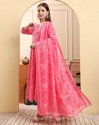 pink pure cotton floral thread work anarkali kurta trouser dupatta set 2