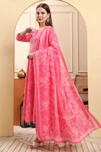 pink pure cotton floral thread work anarkali kurta trouser dupatta set