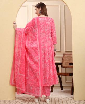 pink pure cotton floral thread work anarkali kurta trouser dupatta set 3