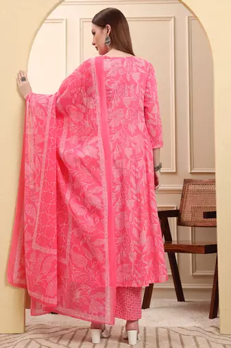 pink pure cotton floral thread work anarkali kurta trouser dupatta set