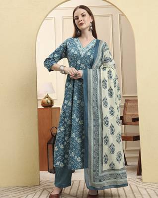blue pure cotton thread work anarkali kurta trouser dupatta set 1
