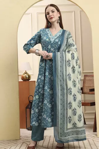 Yufta blue pure cotton thread work anarkali kurta trouser dupatta set