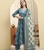 blue pure cotton thread work anarkali kurta trouser dupatta set