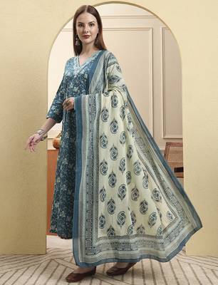 blue pure cotton thread work anarkali kurta trouser dupatta set 2