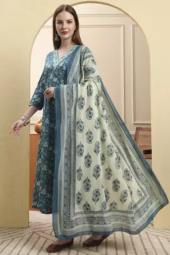 blue pure cotton thread work anarkali kurta trouser dupatta set
