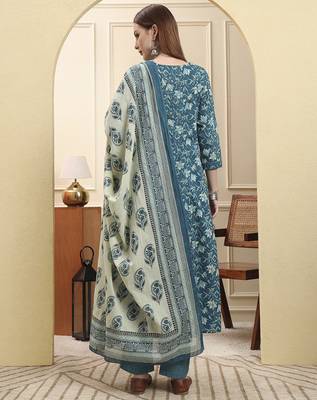blue pure cotton thread work anarkali kurta trouser dupatta set 3