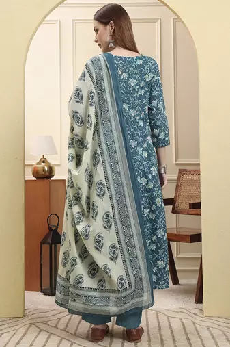 blue pure cotton thread work anarkali kurta trouser dupatta set