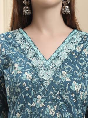 blue pure cotton thread work anarkali kurta trouser dupatta set 4