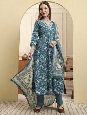 blue pure cotton thread work anarkali kurta trouser dupatta set 5