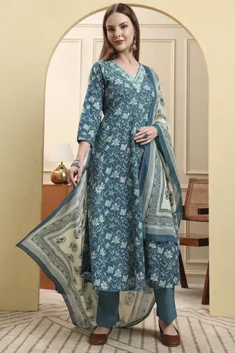 blue pure cotton thread work anarkali kurta trouser dupatta set