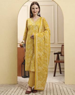 yellow pure cotton thread work straight kurta trouser dupatta set 1