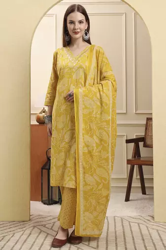 Yufta yellow pure cotton thread work straight kurta trouser dupatta set