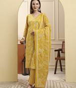 yellow pure cotton thread work straight kurta trouser dupatta set