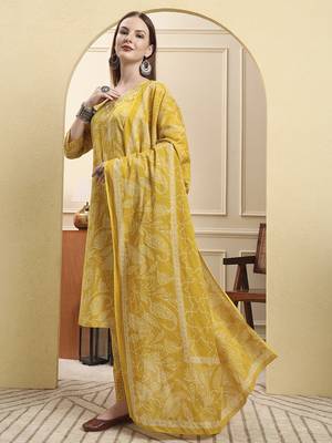 yellow pure cotton thread work straight kurta trouser dupatta set 2