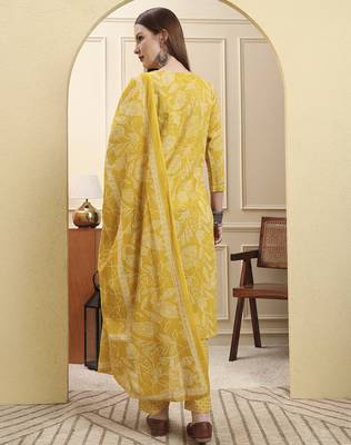 yellow pure cotton thread work straight kurta trouser dupatta set 3