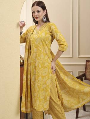 yellow pure cotton thread work straight kurta trouser dupatta set 5