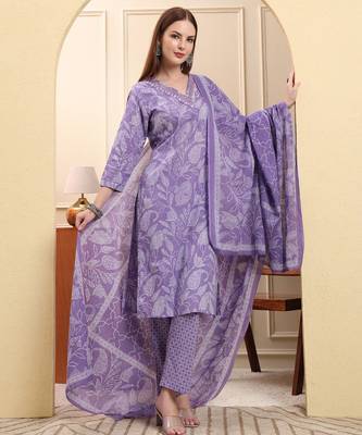 purple pure cotton thread work straight kurta trouser dupatta set 1