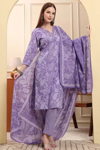 Yufta purple pure cotton thread work straight kurta trouser dupatta set