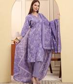 purple pure cotton thread work straight kurta trouser dupatta set