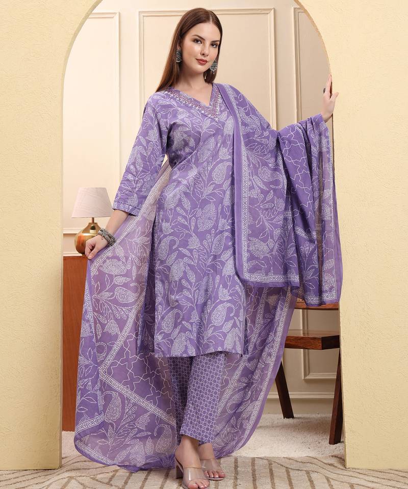 Yufta purple pure cotton thread work straight kurta trouser dupatta set