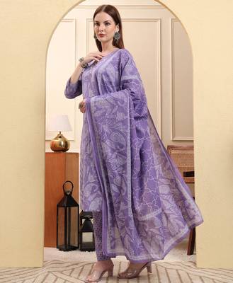 purple pure cotton thread work straight kurta trouser dupatta set 2