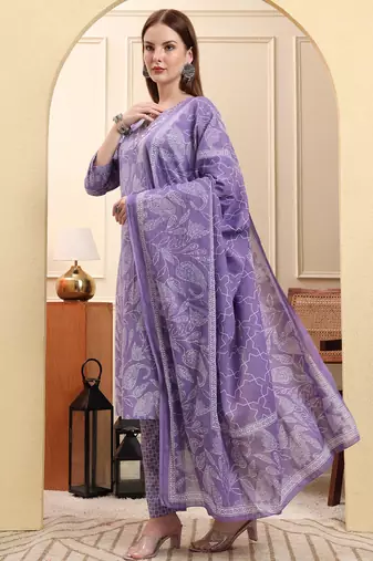 purple pure cotton thread work straight kurta trouser dupatta set