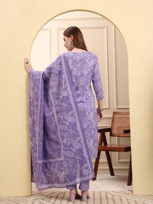 purple pure cotton thread work straight kurta trouser dupatta set 3