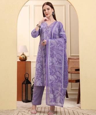 purple pure cotton thread work straight kurta trouser dupatta set 5
