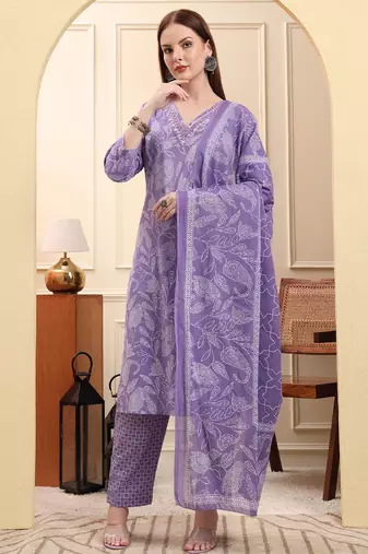 purple pure cotton thread work straight kurta trouser dupatta set