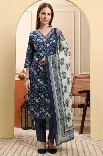 Yufta navy blue pure cotton kurta dupatta pant set