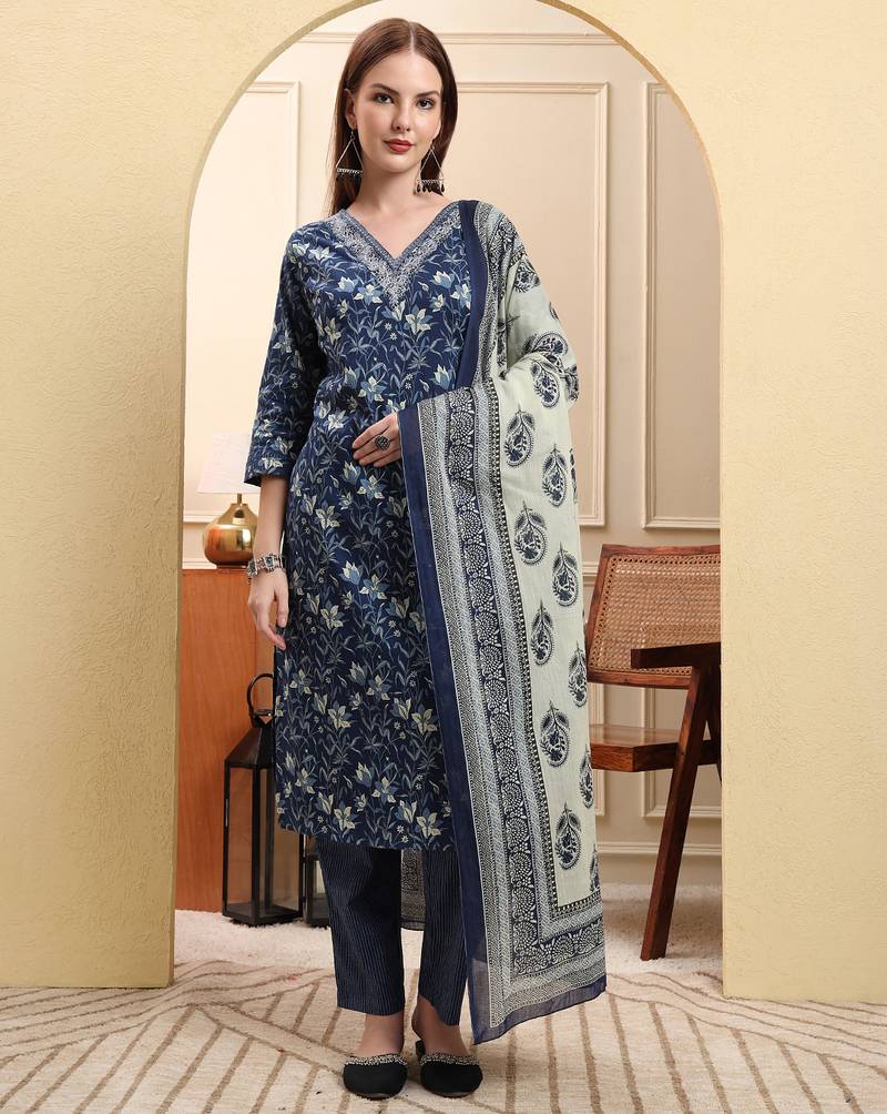 Yufta navy blue pure cotton kurta dupatta pant set