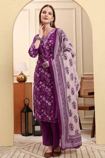 Yufta violet pure cotton kurta dupatta pant set
