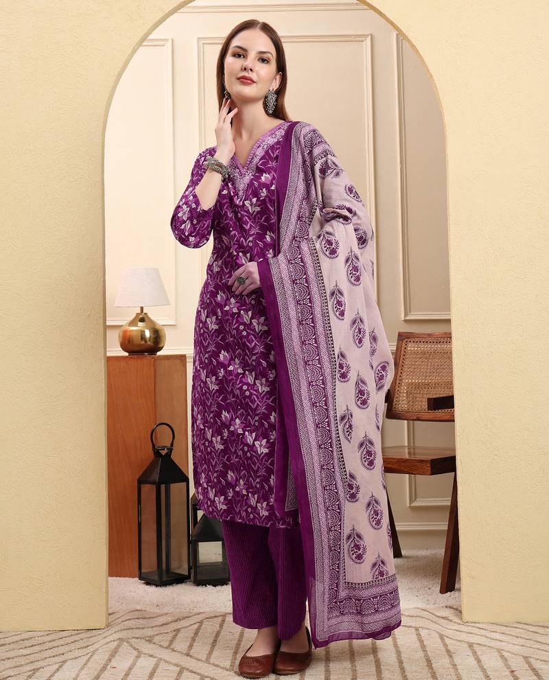 Yufta violet pure cotton kurta dupatta pant set