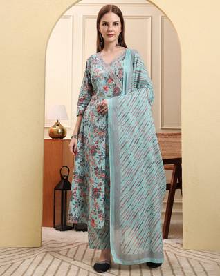 sky blue pure cotton thread work anarkali kurta trouser dupatta set 1
