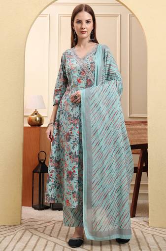 Yufta sky blue pure cotton thread work anarkali kurta trouser dupatta set