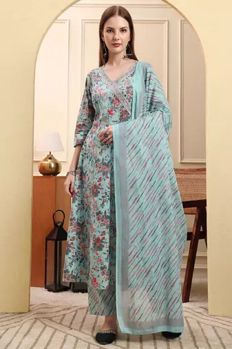 Yufta sky blue pure cotton thread work anarkali kurta trouser dupatta set