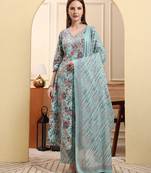 sky blue pure cotton thread work anarkali kurta trouser dupatta set